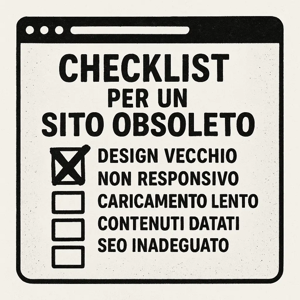 Illustrazione in bianco e nero di una checklist per identificare un sito web obsoleto, con voci come design vecchio, sito non responsivo, caricamento lento, contenuti datati e SEO inadeguato.